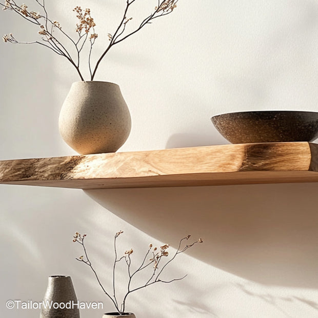 Live edge corner shelf built to fit corner layouts with a curved live edge and bracket free mount, perfect for small rooms or decorative use