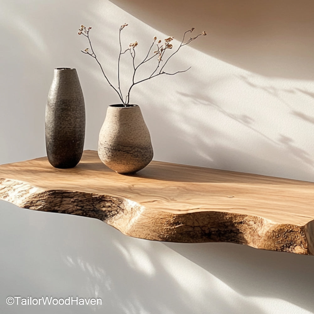 Live edge corner shelf built to fit corner layouts with a curved live edge and bracket free mount, perfect for small rooms or decorative use