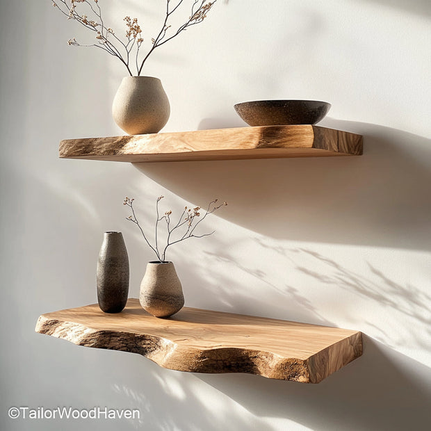 Live edge corner shelf built to fit corner layouts with a curved live edge and bracket free mount, perfect for small rooms or decorative use