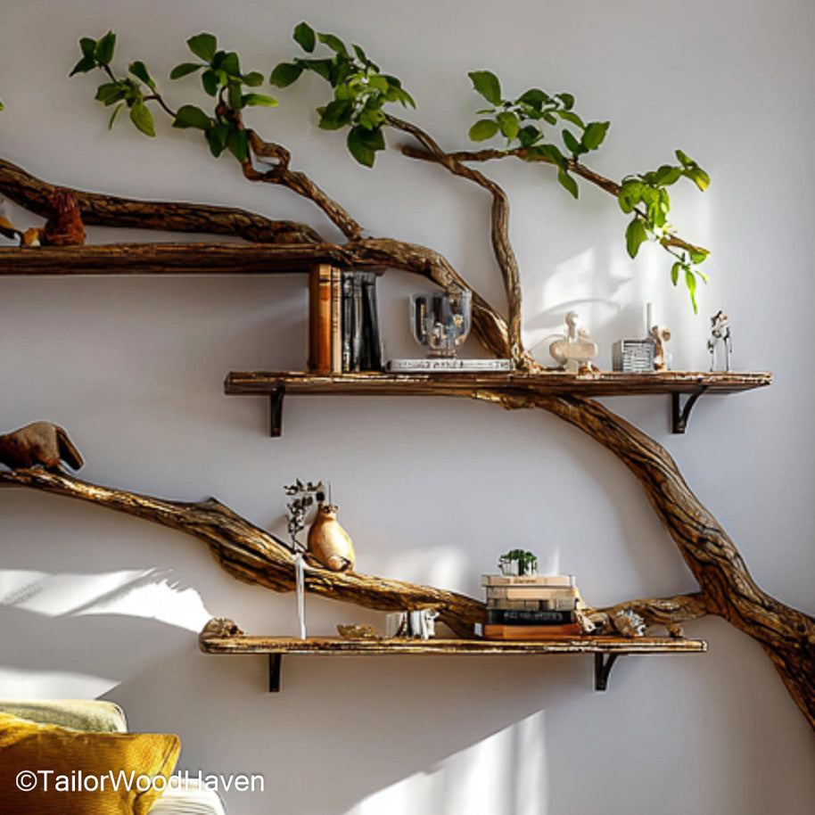Set of Tree Branch Floating Shelves Wall Mounted Natural Wood Bookshelves for Eco Style Interiors