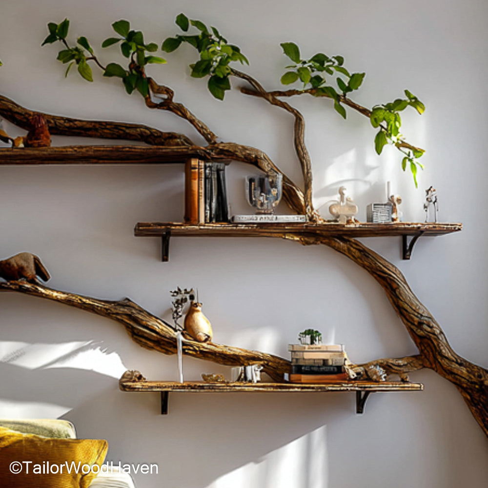 Set of Tree Branch Floating Shelves Wall Mounted Natural Wood Bookshelves for Eco Style Interiors