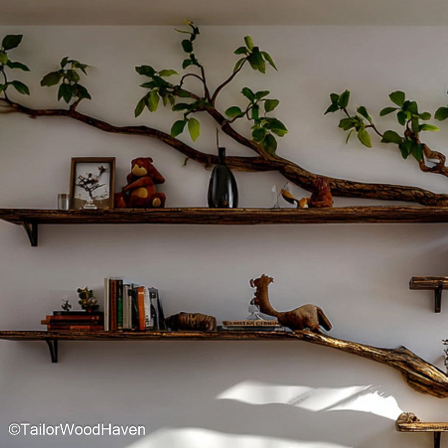 Set of Tree Branch Floating Shelves Wall Mounted Natural Wood Bookshelves for Eco Style Interiors