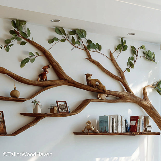 Whimsical Hanging Tree Bookshelf Rustic Wooden Floating Shelf for Nature Inspired Wall Decor