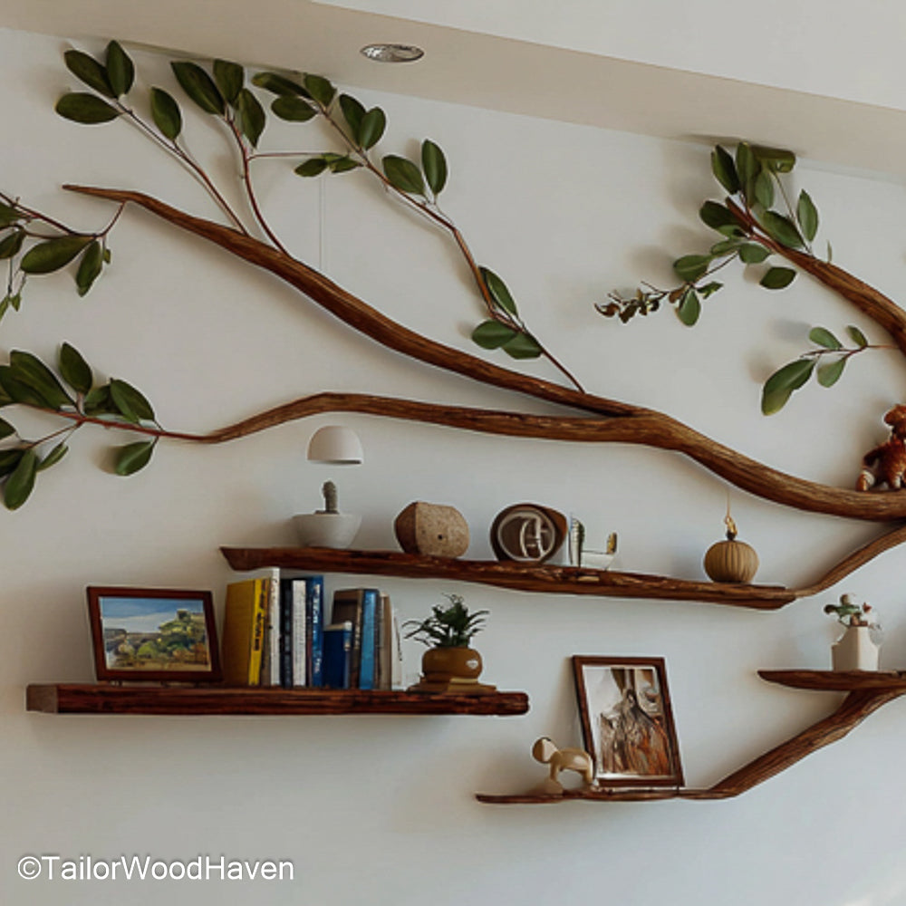 Whimsical Hanging Tree Bookshelf Rustic Wooden Floating Shelf for Nature Inspired Wall Decor