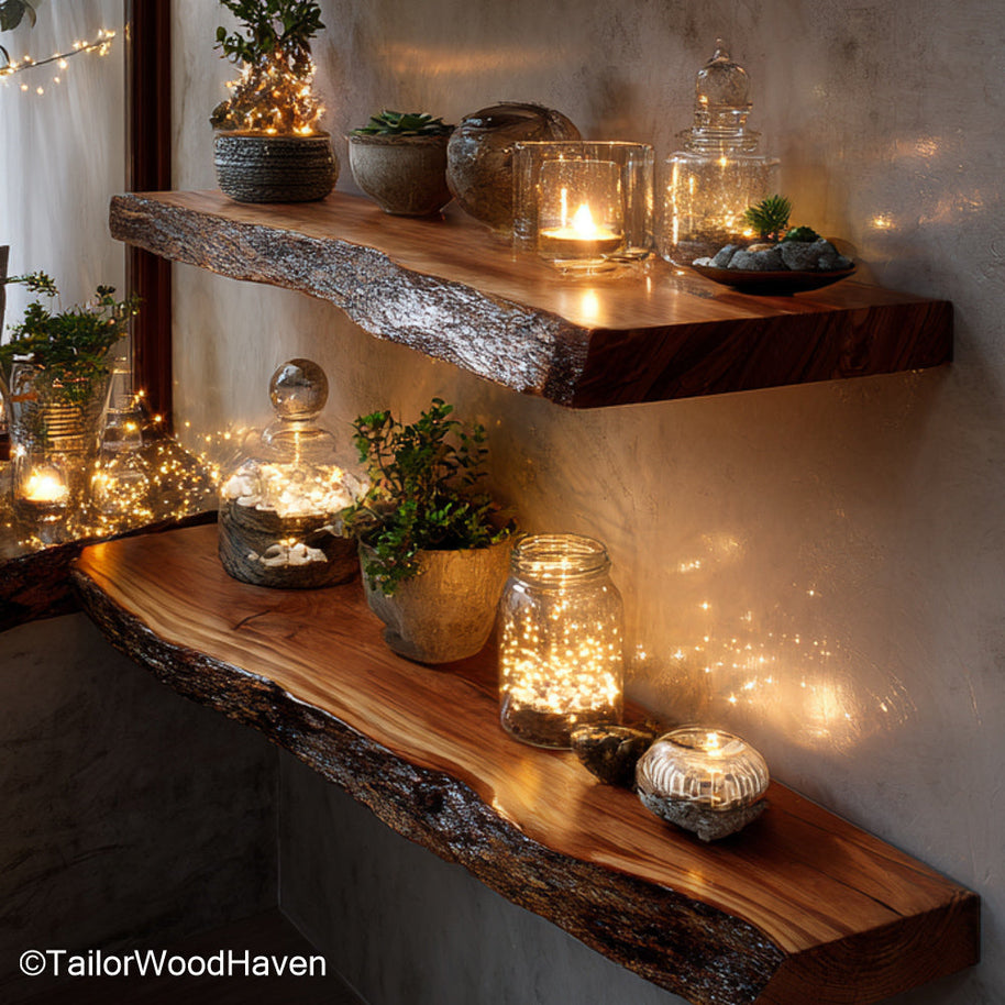 Walnut floating shelves built from solid walnut with deep grain and smooth finish, ideal for luxury kitchens, libraries, or modern bedrooms