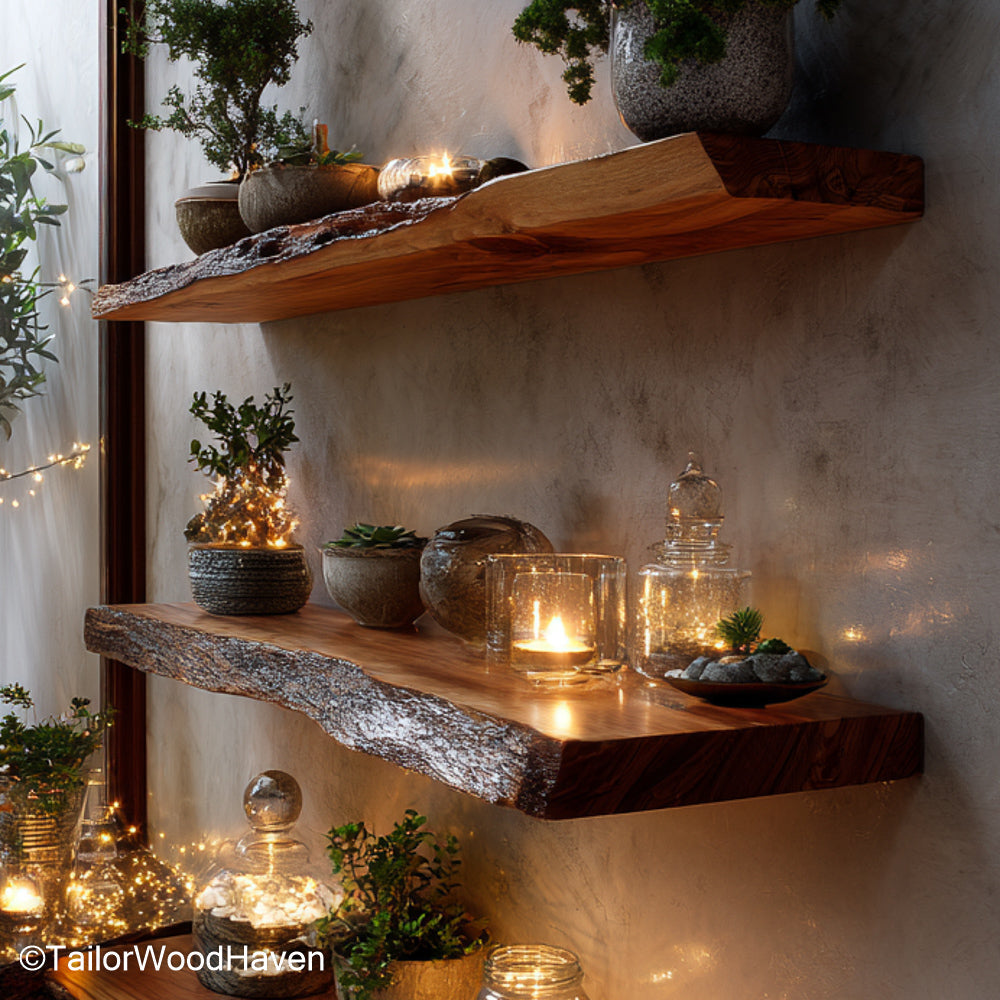 Walnut floating shelves built from solid walnut with deep grain and smooth finish, ideal for luxury kitchens, libraries, or modern bedrooms