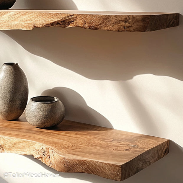 Butcher block floating shelves with thick wood slabs and visible grain texture, ideal for kitchens, bars, or rustic modern spaces