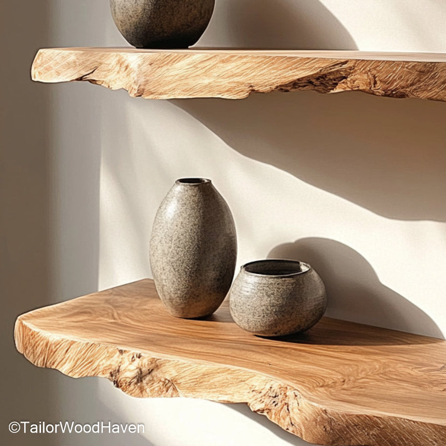 Butcher block floating shelves with thick wood slabs and visible grain texture, ideal for kitchens, bars, or rustic modern spaces
