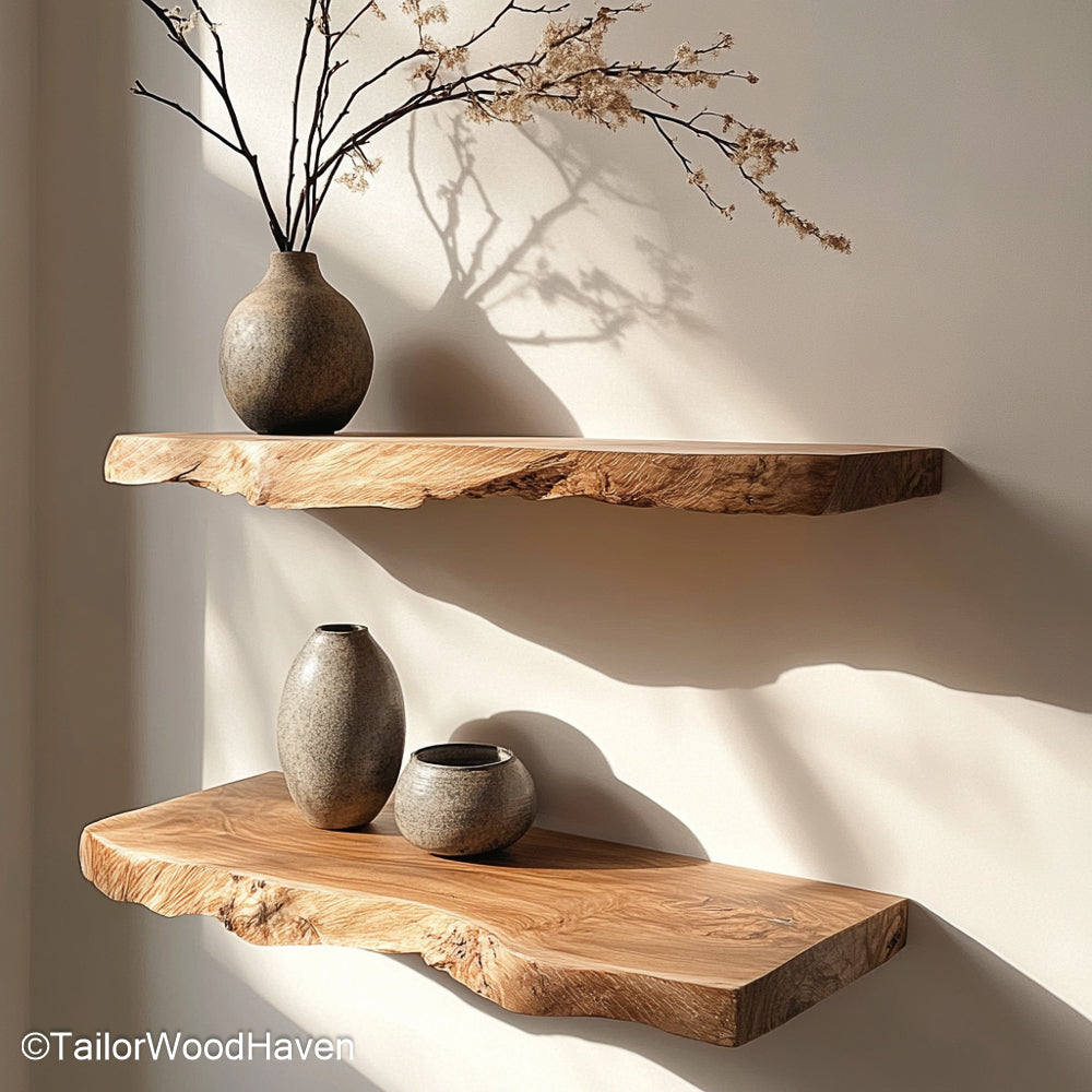 Butcher block floating shelves with thick wood slabs and visible grain texture, ideal for kitchens, bars, or rustic modern spaces