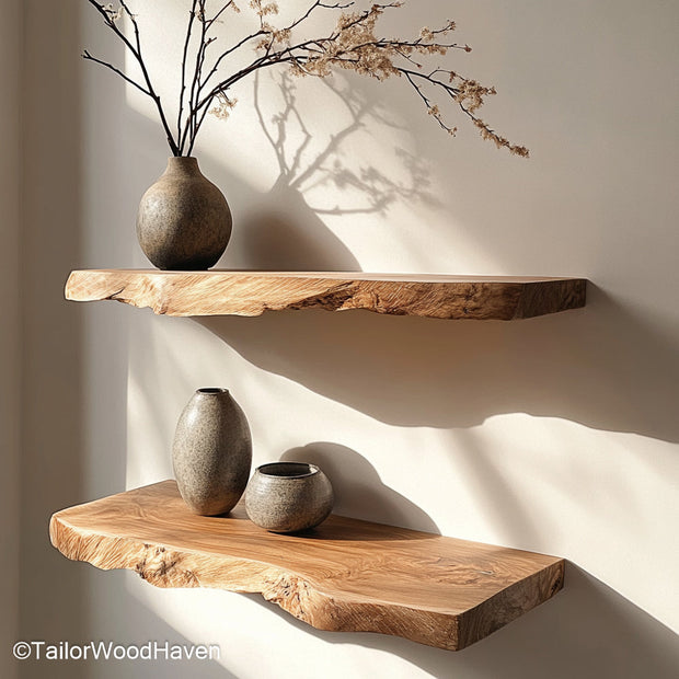 Butcher block floating shelves with thick wood slabs and visible grain texture, ideal for kitchens, bars, or rustic modern spaces