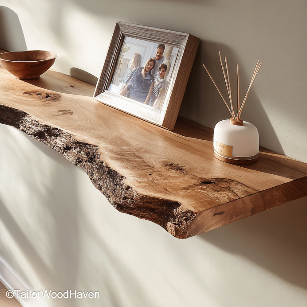 Rustic floating shelves with distressed wood grain and farmhouse character, perfect for cozy cottage, cabin, or loft spaces