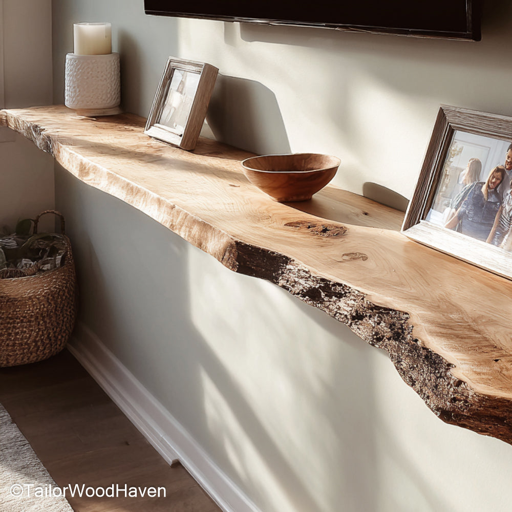 Rustic floating shelves with distressed wood grain and farmhouse character, perfect for cozy cottage, cabin, or loft spaces