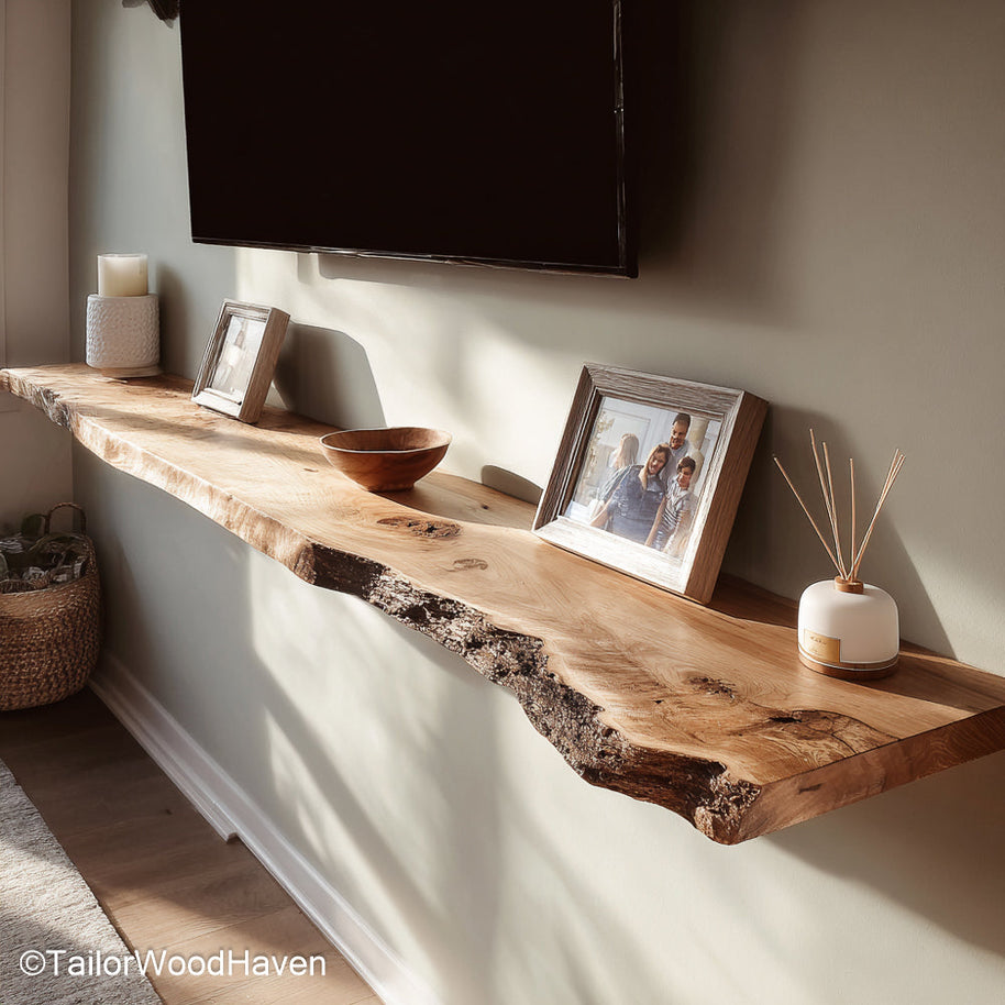 Rustic floating shelves with distressed wood grain and farmhouse character, perfect for cozy cottage, cabin, or loft spaces