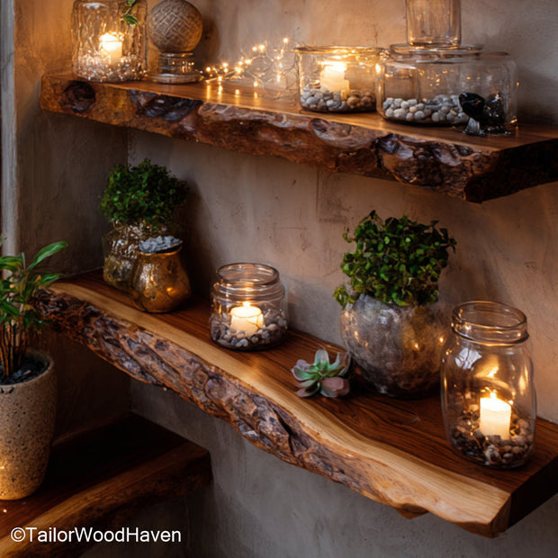 Wood floating shelves made from solid hardwood with a natural finish, offering timeless storage for rustic, modern, or farmhouse spaces