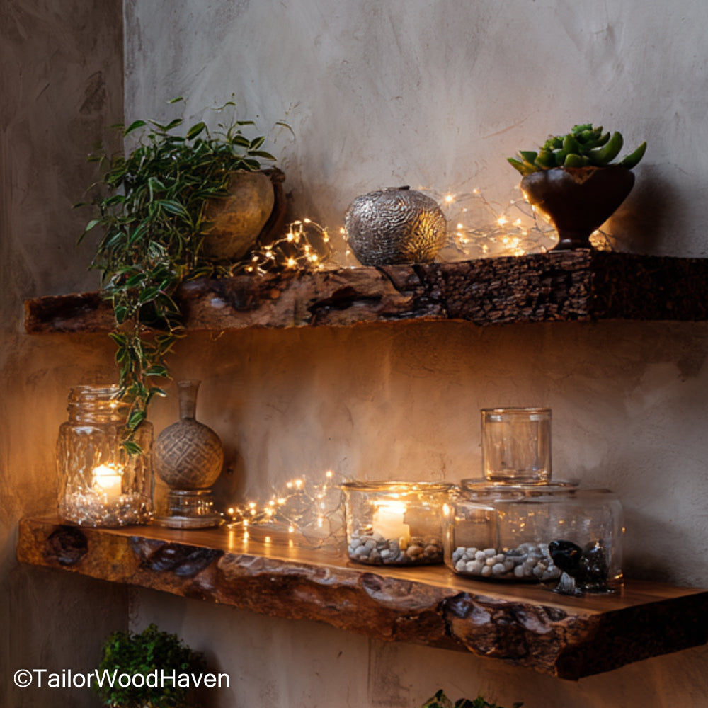 Wood floating shelves made from solid hardwood with a natural finish, offering timeless storage for rustic, modern, or farmhouse spaces