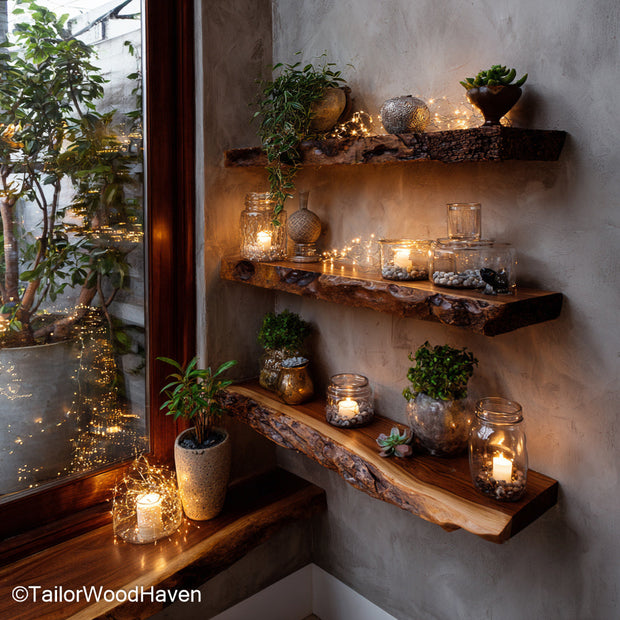 Wood floating shelves made from solid hardwood with a natural finish, offering timeless storage for rustic, modern, or farmhouse spaces
