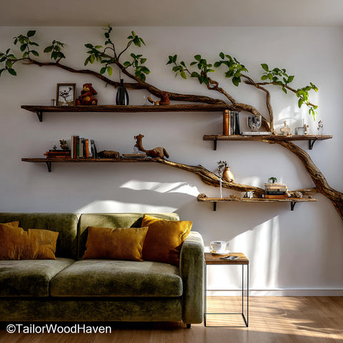 Set of Tree Branch Floating Shelves Wall Mounted Natural Wood Bookshelves for Eco Style Interiors