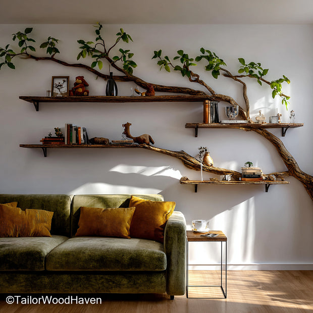Set of Tree Branch Floating Shelves Wall Mounted Natural Wood Bookshelves for Eco Style Interiors