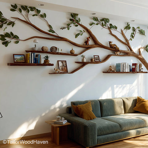 Whimsical Hanging Tree Bookshelf Rustic Wooden Floating Shelf for Nature Inspired Wall Decor