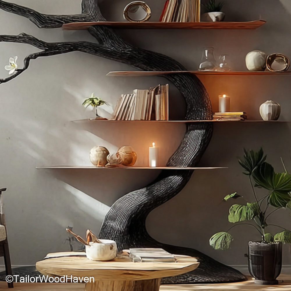 Matte Black Tree Bookshelf Modern Wall Mounted Tree Shelf with Sleek Lines for Contemporary Decor
