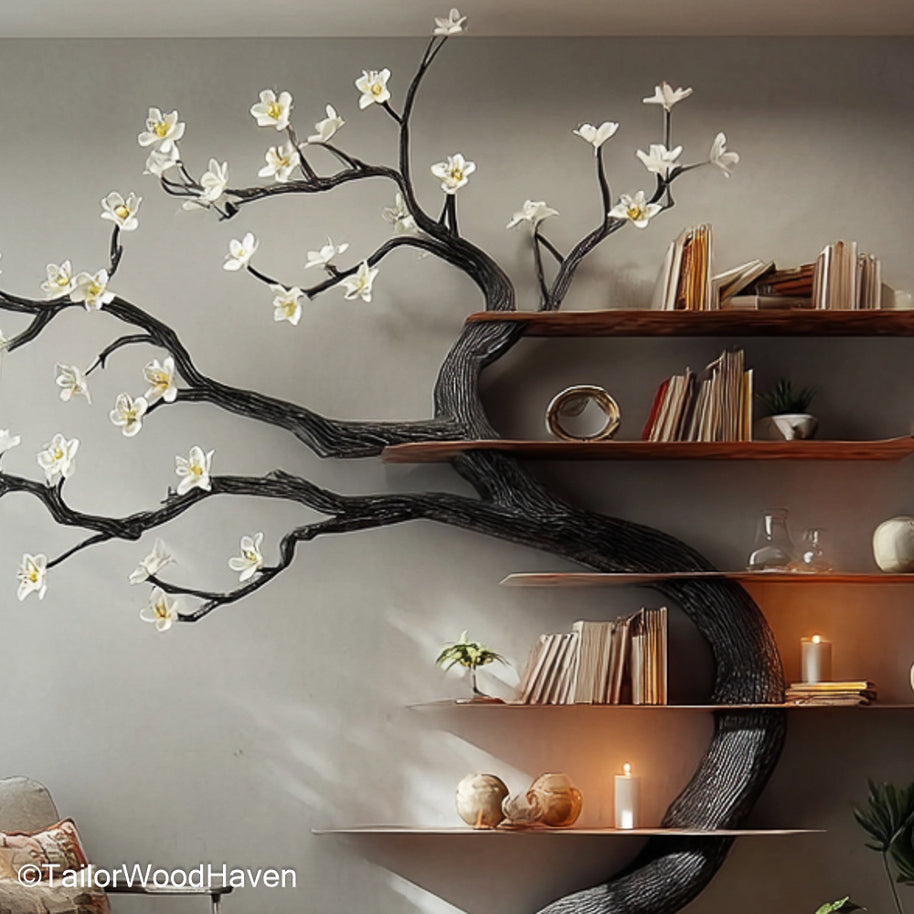 Matte Black Tree Bookshelf Modern Wall Mounted Tree Shelf with Sleek Lines for Contemporary Decor