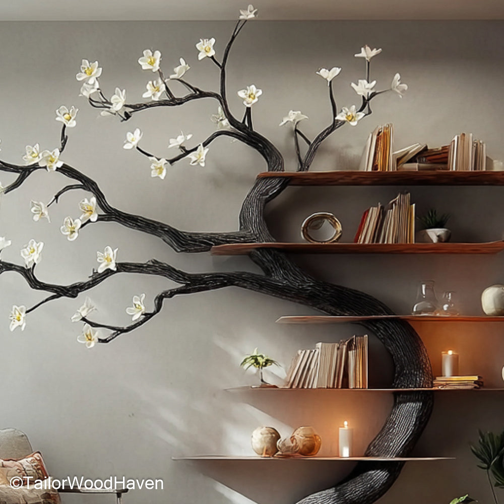 Matte Black Tree Bookshelf Modern Wall Mounted Tree Shelf with Sleek Lines for Contemporary Decor