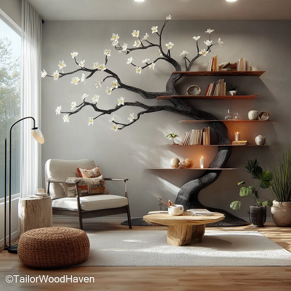 Matte Black Tree Bookshelf Modern Wall Mounted Tree Shelf with Sleek Lines for Contemporary Decor