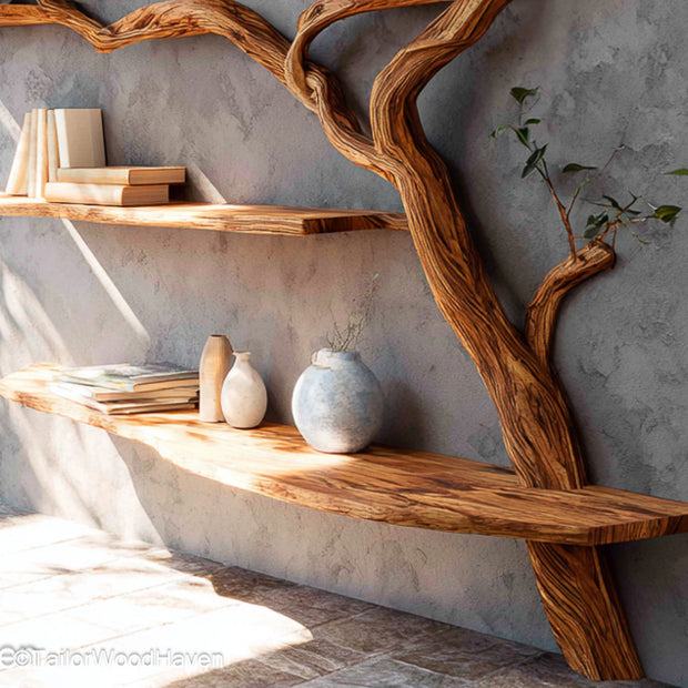 Tree Bookcase Freestanding Wooden Bookshelf with Tree Inspired Branch Design for Artistic and Rustic Interiors