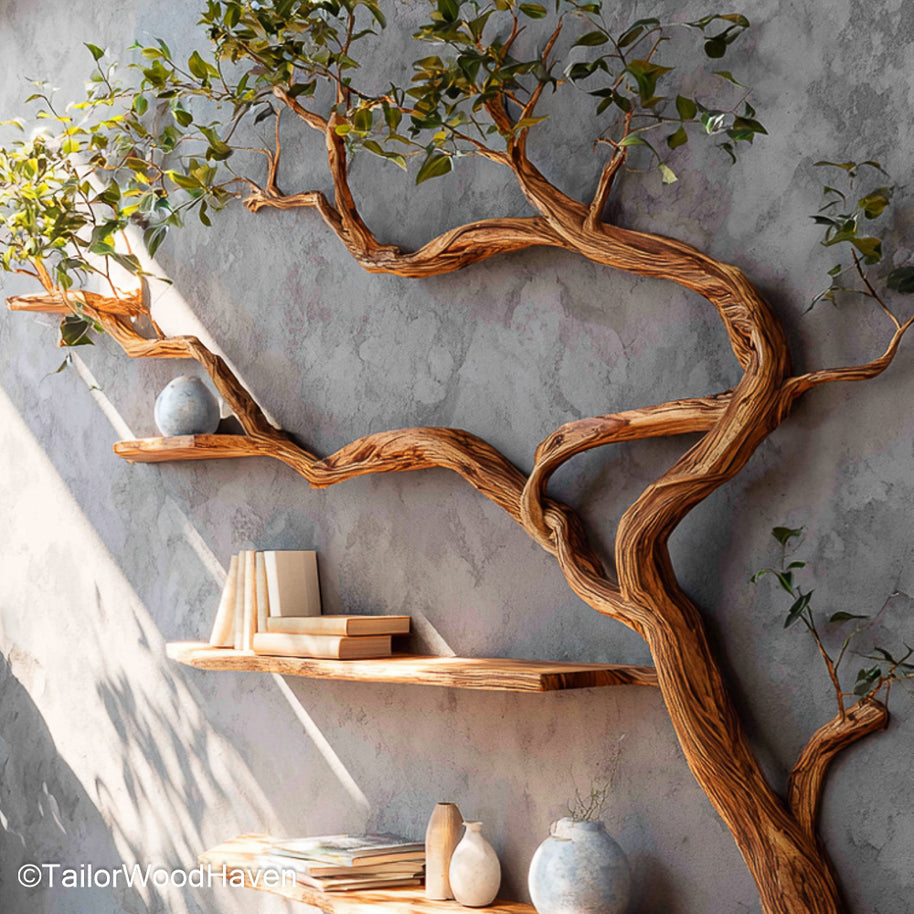 Tree Bookcase Freestanding Wooden Bookshelf with Tree Inspired Branch Design for Artistic and Rustic Interiors