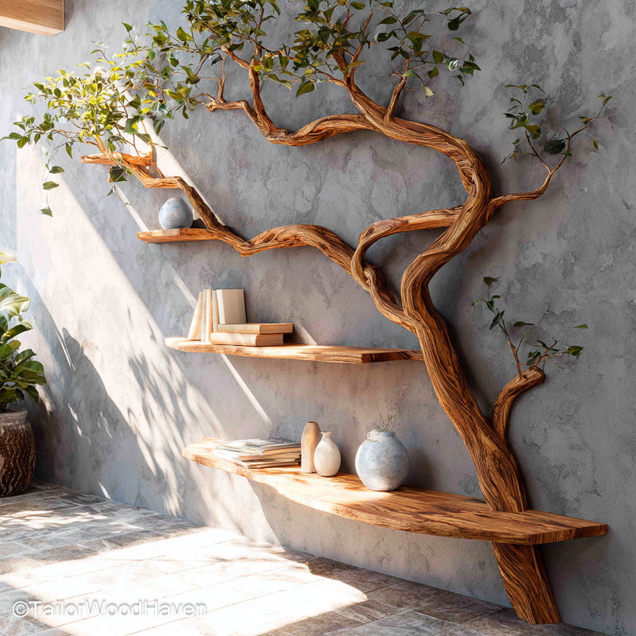 Tree Bookcase Freestanding Wooden Bookshelf with Tree Inspired Branch Design for Artistic and Rustic Interiors