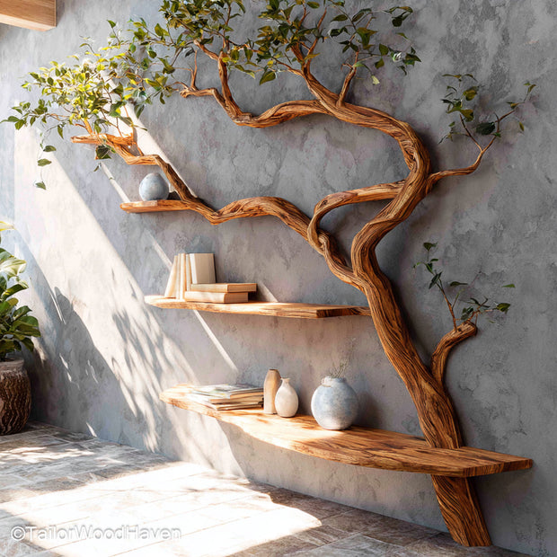 Tree Bookcase Freestanding Wooden Bookshelf with Tree Inspired Branch Design for Artistic and Rustic Interiors