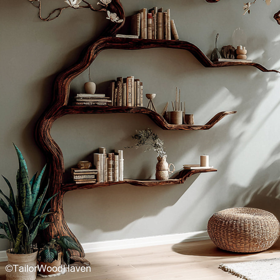 Tree Book Case Handcrafted Standing Wood Bookshelf Styled Like a Tree for Rustic Living Rooms and Home Libraries