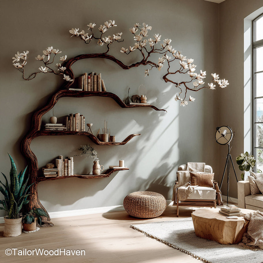 Tree Book Case Handcrafted Standing Wood Bookshelf Styled Like a Tree for Rustic Living Rooms and Home Libraries