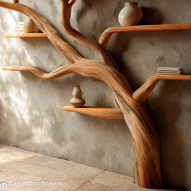 Tree Shaped Bookshelf Wooden Standing Bookcase in Organic Tree Form for Kids’ Rooms, Offices, or Cozy Corners
