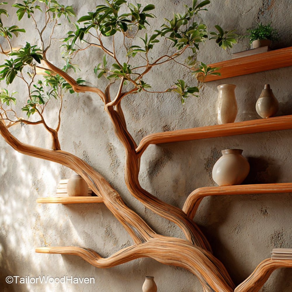 Tree Shaped Bookshelf Wooden Standing Bookcase in Organic Tree Form for Kids’ Rooms, Offices, or Cozy Corners