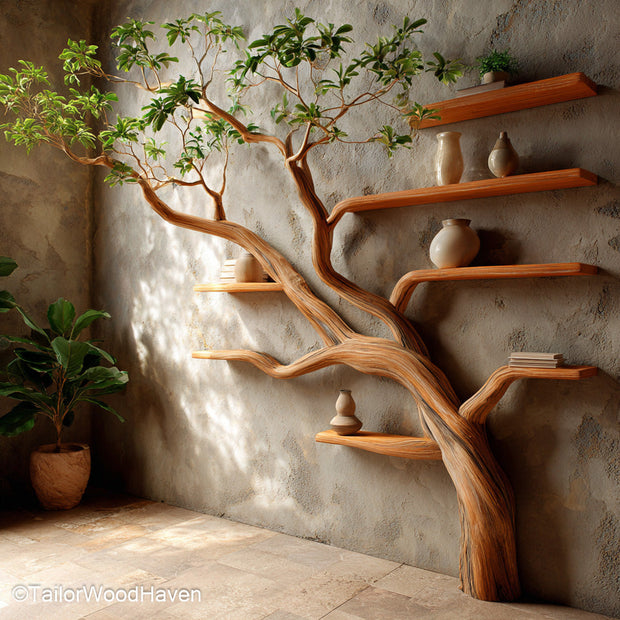 Tree Shaped Bookshelf Wooden Standing Bookcase in Organic Tree Form for Kids’ Rooms, Offices, or Cozy Corners