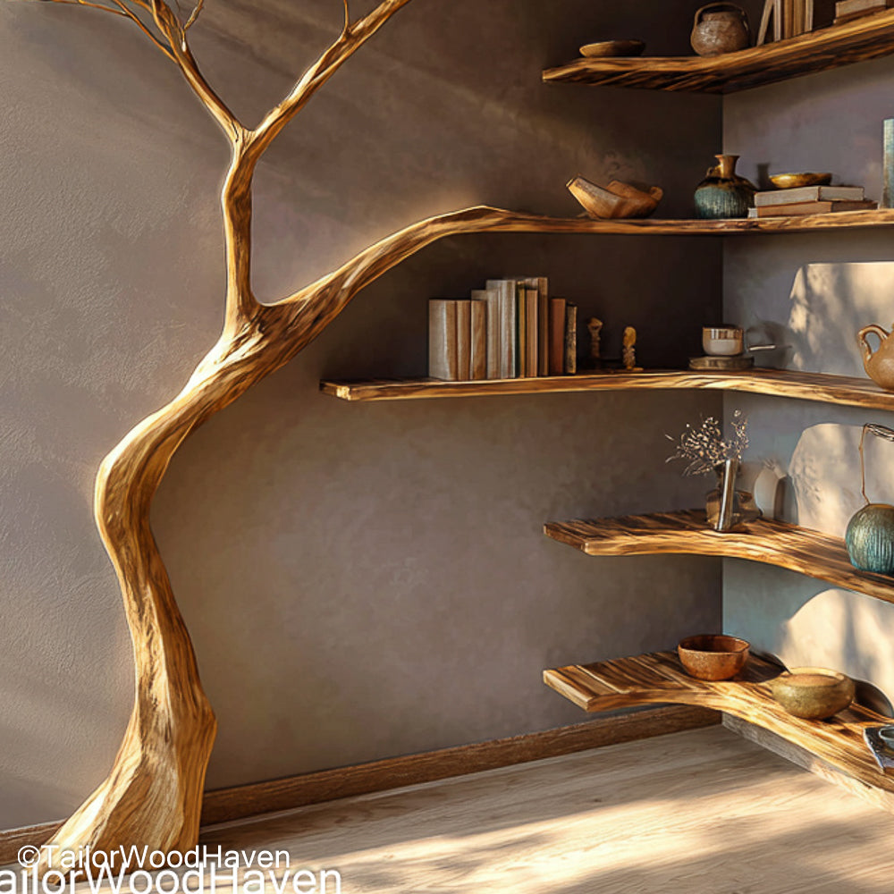 Tree Trunk Corner Shelf Solid Wood Corner Shelf with Tree Trunk Form, Ideal for Rustic and Nature Inspired Interiors