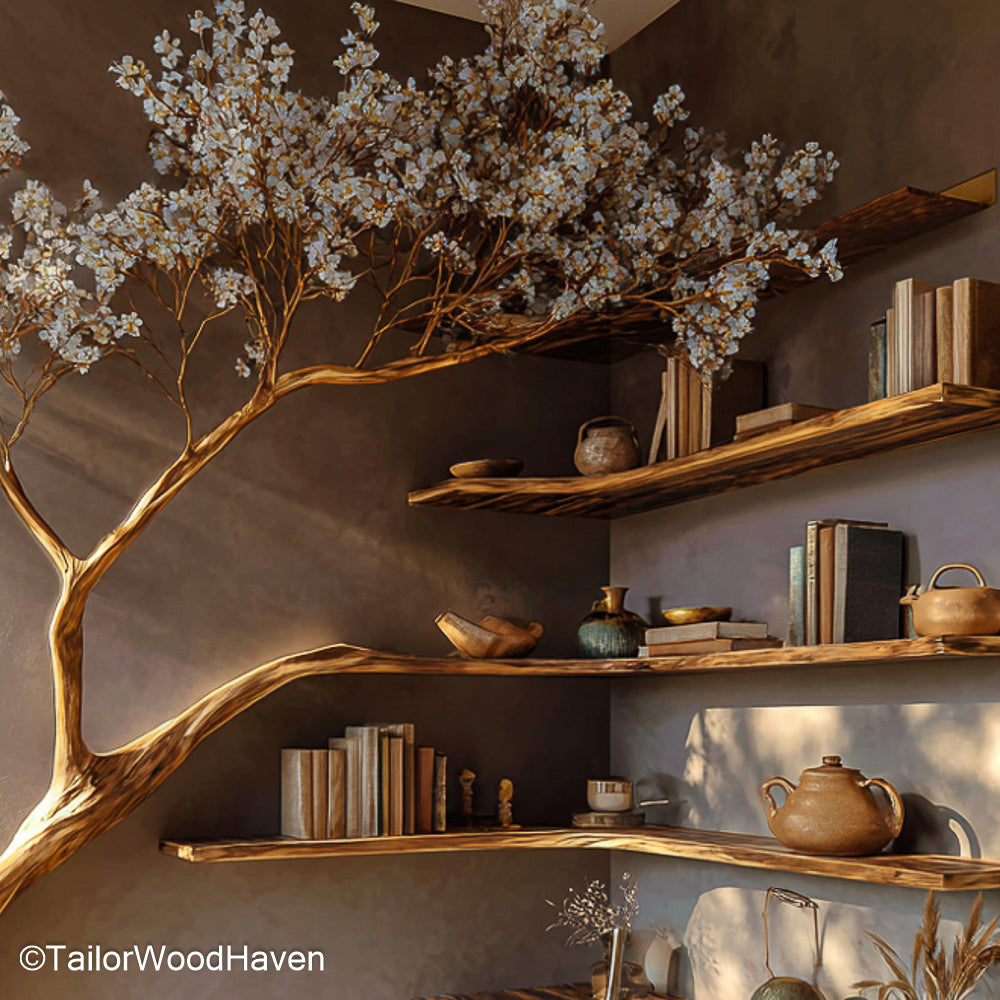 Tree Trunk Corner Shelf Solid Wood Corner Shelf with Tree Trunk Form, Ideal for Rustic and Nature Inspired Interiors