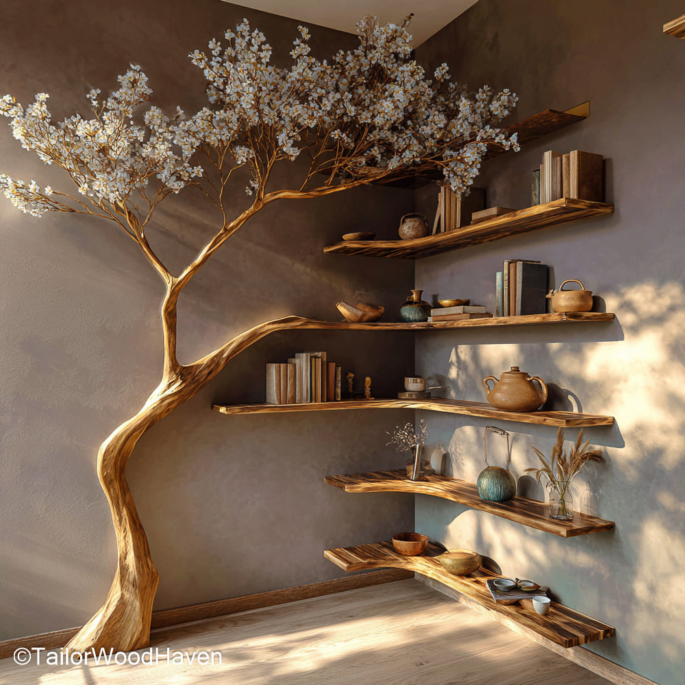 Tree Trunk Corner Shelf Solid Wood Corner Shelf with Tree Trunk Form, Ideal for Rustic and Nature Inspired Interiors