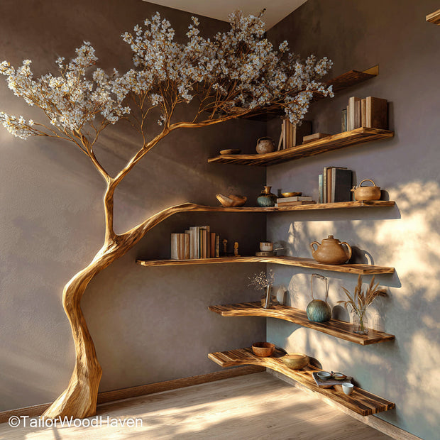 Tree Trunk Corner Shelf Solid Wood Corner Shelf with Tree Trunk Form, Ideal for Rustic and Nature Inspired Interiors