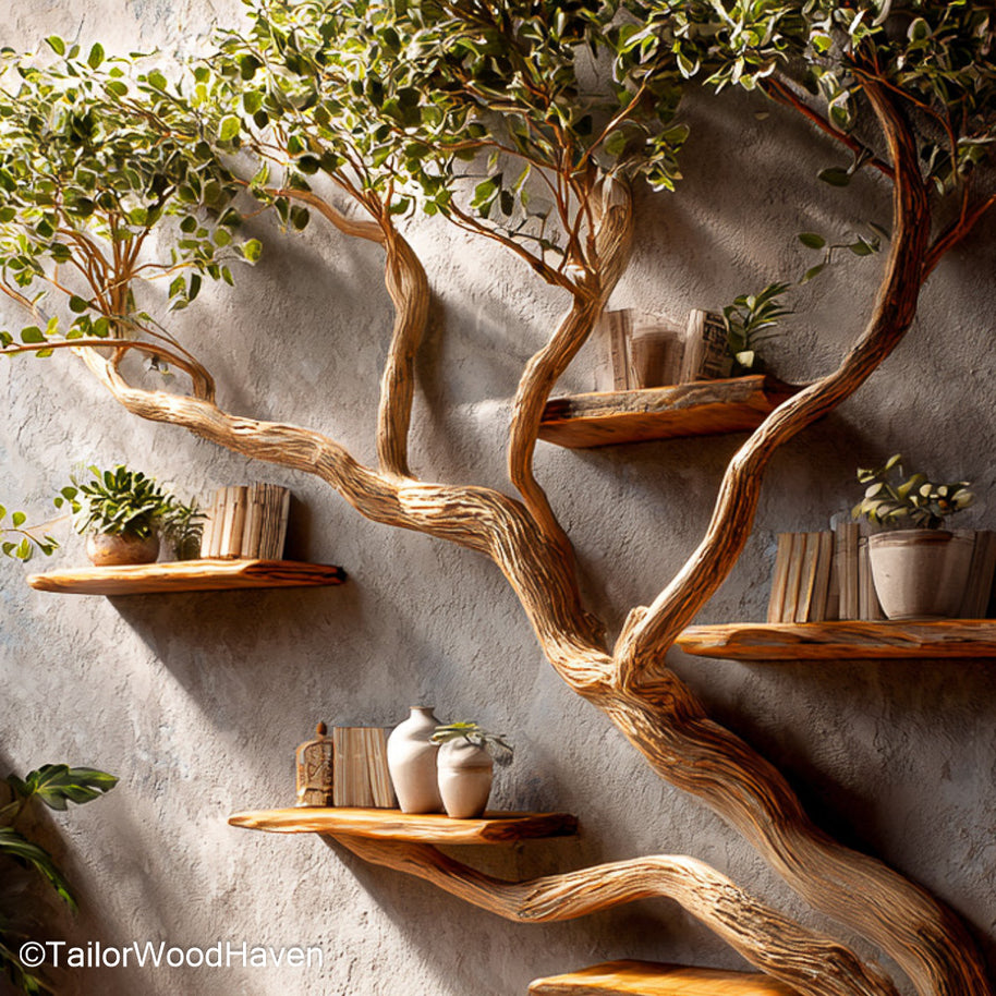 Nature Inspired Tree Inspired Bookshelf Handcrafted Wooden Wall Bookshelf with Tree Motif