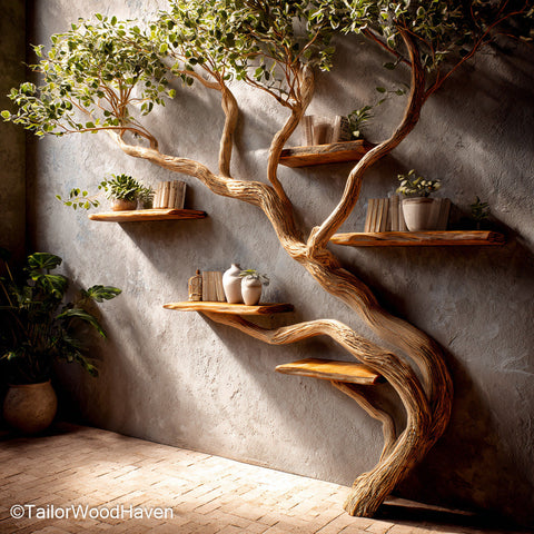 Nature Inspired Tree Inspired Bookshelf Handcrafted Wooden Wall Bookshelf with Tree Motif