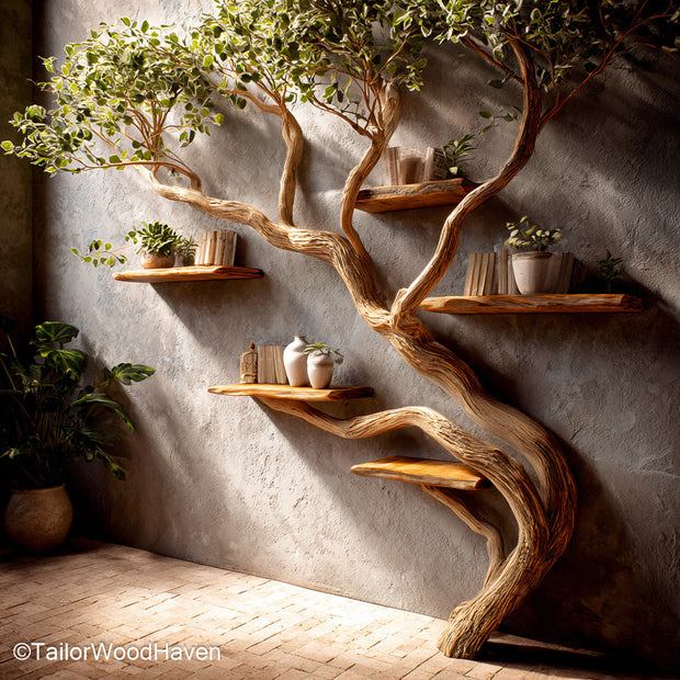 Nature Inspired Tree Inspired Bookshelf Handcrafted Wooden Wall Bookshelf with Tree Motif