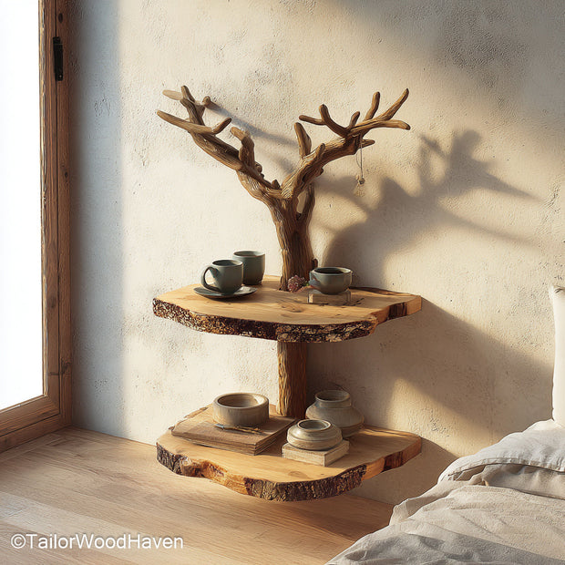 Bedside Table Wall Shelf created from real wood with a slim profile and floating brackets, ideal for compact storage above or beside your bed