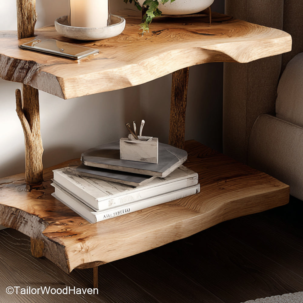 Floating bedside table solid wood made from real hardwood with a clean floating structure and soft finish, perfect for natural modern interiors