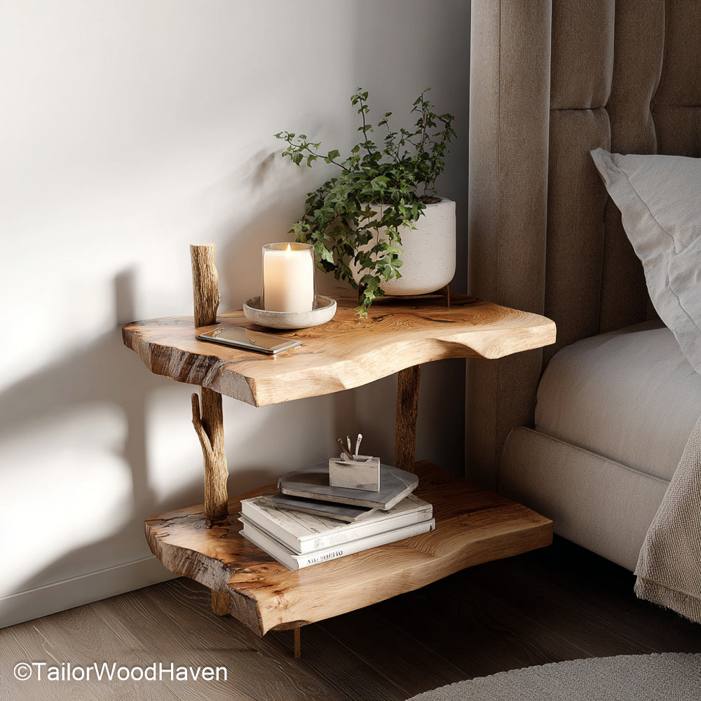 Floating bedside table solid wood made from real hardwood with a clean floating structure and soft finish, perfect for natural modern interiors