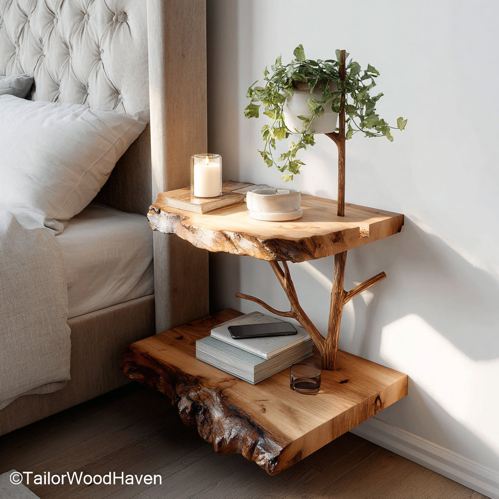 Floating Bedside made from solid wood with clean lines and wall mounted support, designed to bring soft utility and style to modern bedrooms