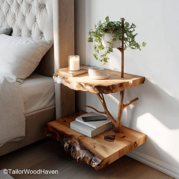 Floating Bedside made from solid wood with clean lines and wall mounted support, designed to bring soft utility and style to modern bedrooms