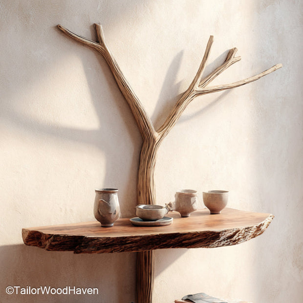 Rustic Floating Nightstand handcrafted with visible grain and natural edges, designed to add character and warmth to farmhouse or vintage inspired walls