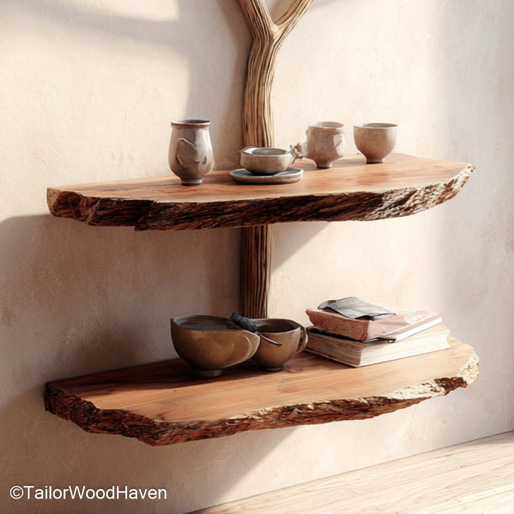 Rustic Floating Nightstand handcrafted with visible grain and natural edges, designed to add character and warmth to farmhouse or vintage inspired walls